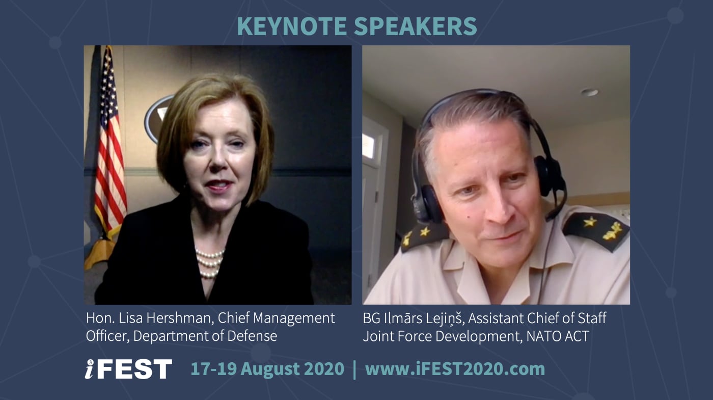 Keynote speakers: Hon. Lisa Hershman (Chief Management Officer, DoD) (left), and BG Ilmārs Lejiņš (Assistant Chief of Staff Joint Force Development, NATO ACT) (right).